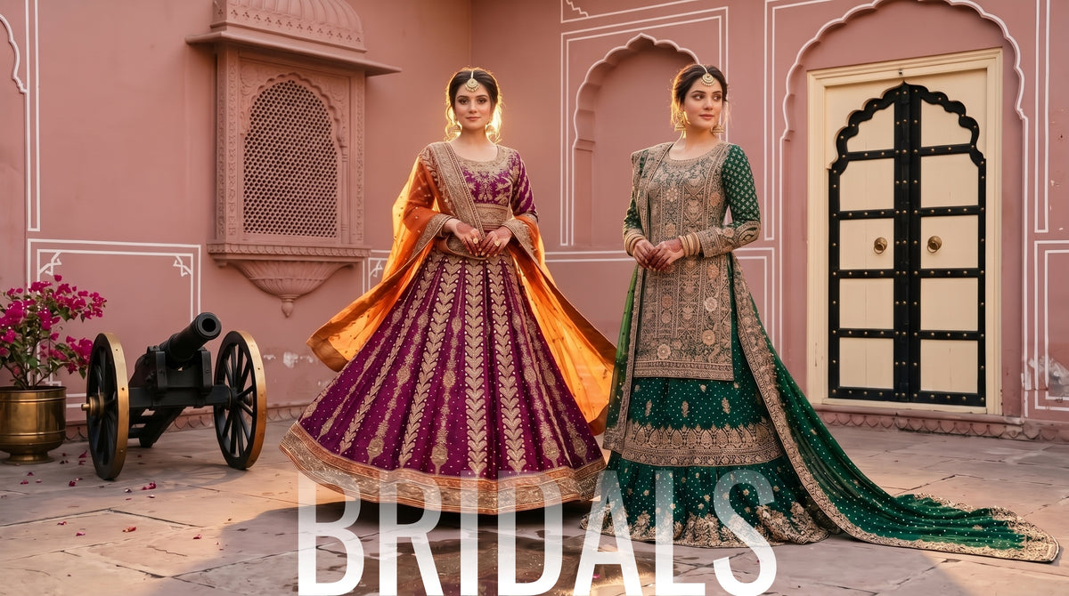 Two women modeling traditional Indian Bridal lehenga choli suits in front of a pink palace wall. The woman on the left wears a deep purple and orange gown with gold embroidery, and the woman on the right wears a green and gold gown with a long train.